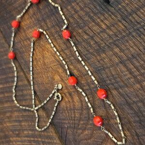 J. Crew Long Gold and Red Beaded Necklace